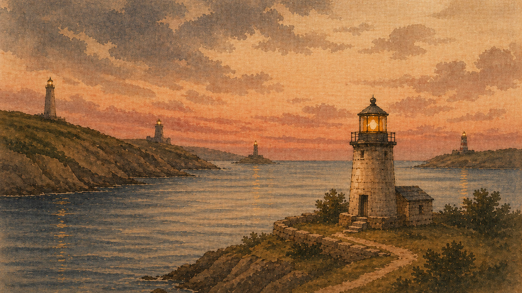 A harbor at dusk: the keeper's lighthouse stands on the right, lamp lit; smaller lights mark the headlands.