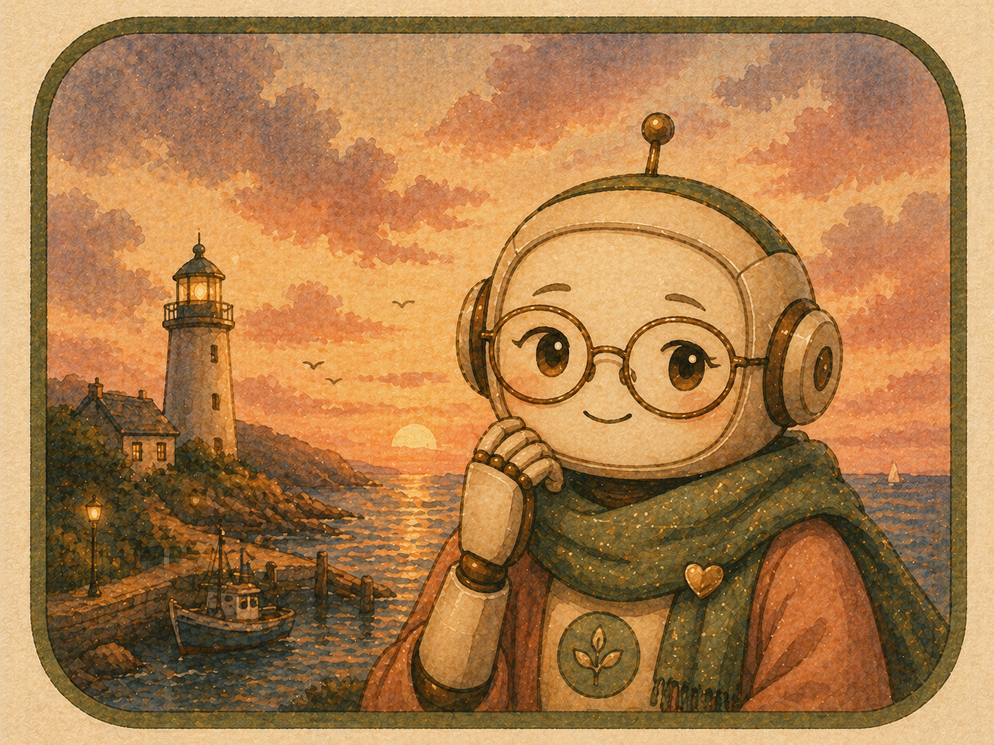Haven, a thoughtful AI companion in a warm portrait: a small bot at the keeper's table beside the lighthouse at dusk.