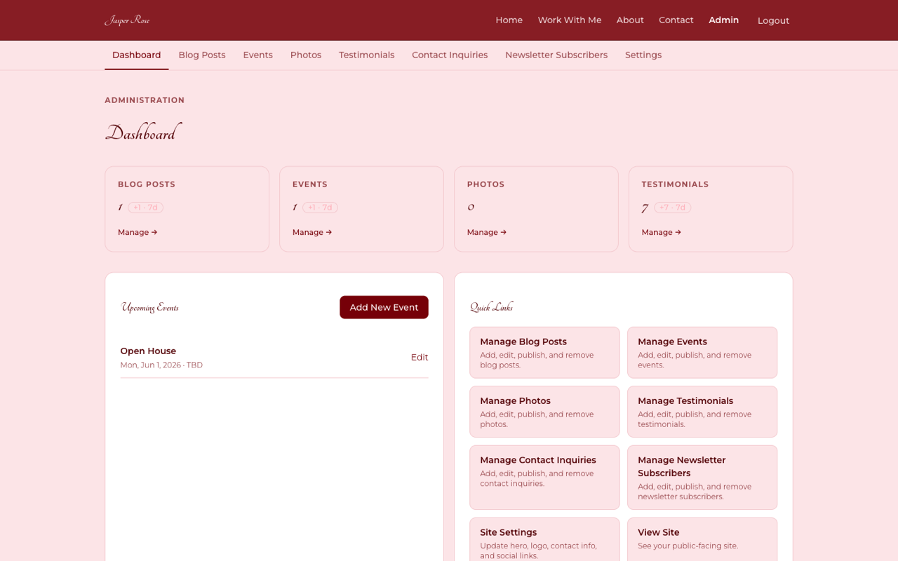 Jasper Rose Website, with CMS: Dashboard