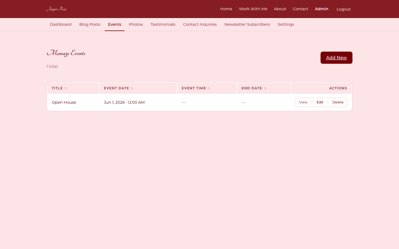 Jasper Rose Website, with CMS: Events